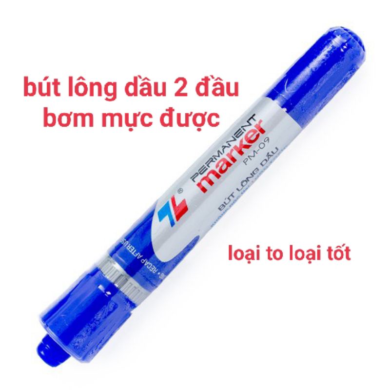 Bút lông dầu Thiên Long Marker 2 đầu PM-09 loại to. loại tốt - có thể bơm thêm mực khi hết màu xanh