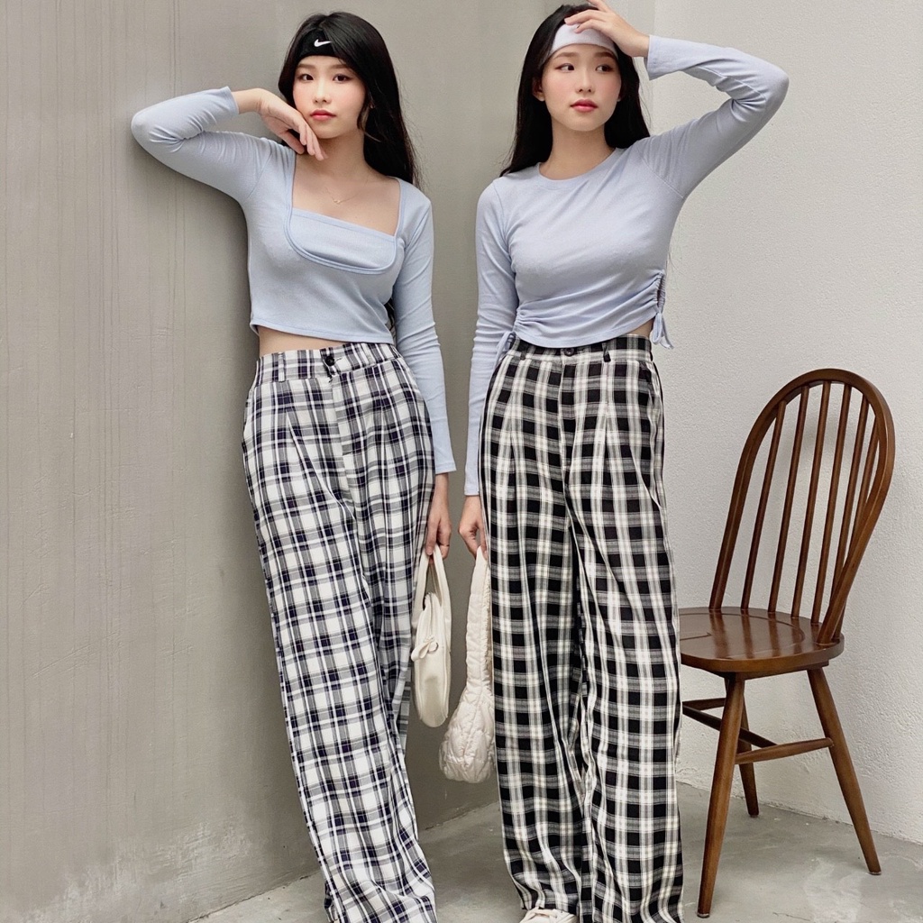 Quần caro ống rộng FM STYLE hoạ tiết caro lưng chun hách dáng thời trang hàn quốc ulzzang 220130500
