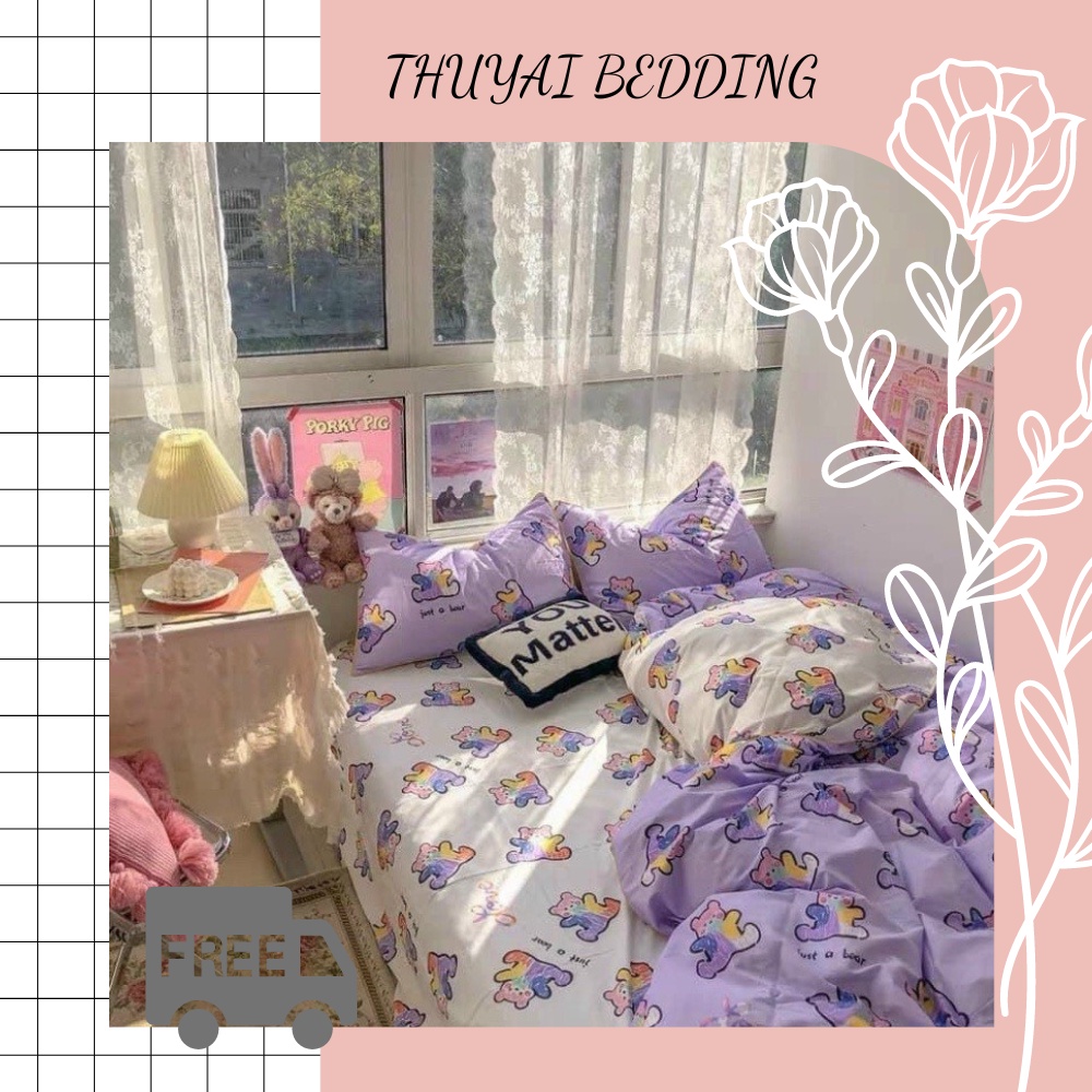 Bộ chăn ga gối cotton poly - Mẫu gấu tím Chăn Ga Gối TA Bedding nhiều size 1m, 1m2, 1m4, 1m6, 1m8, 2m2