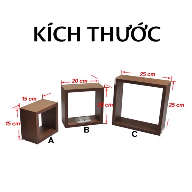 Bộ 3 kệ gỗ treo tường ô vuông màu gỗ mộc