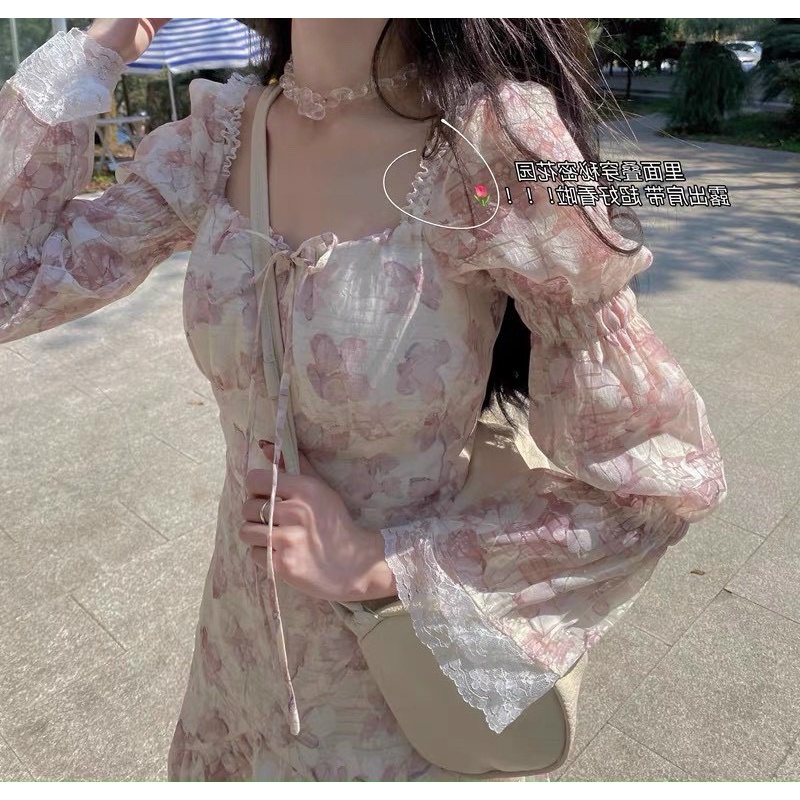 Đầm hoa hồng tay loe viền ren td bo tay