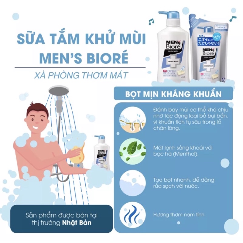 Sữa Tắm Khử Mùi Men's Bioré - Bạc Hà Mát Lạnh & Xà Phòng Thơm Mát (Chai) 440ml