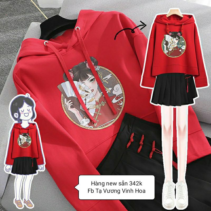 Set áo nỉ có mũ phối chân váy đai chun siêu cute