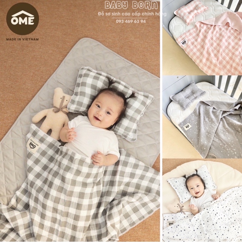 OME - Set chăn 4 lớp kèm  gối chống bẹp đầu xô Muslin sợi tre