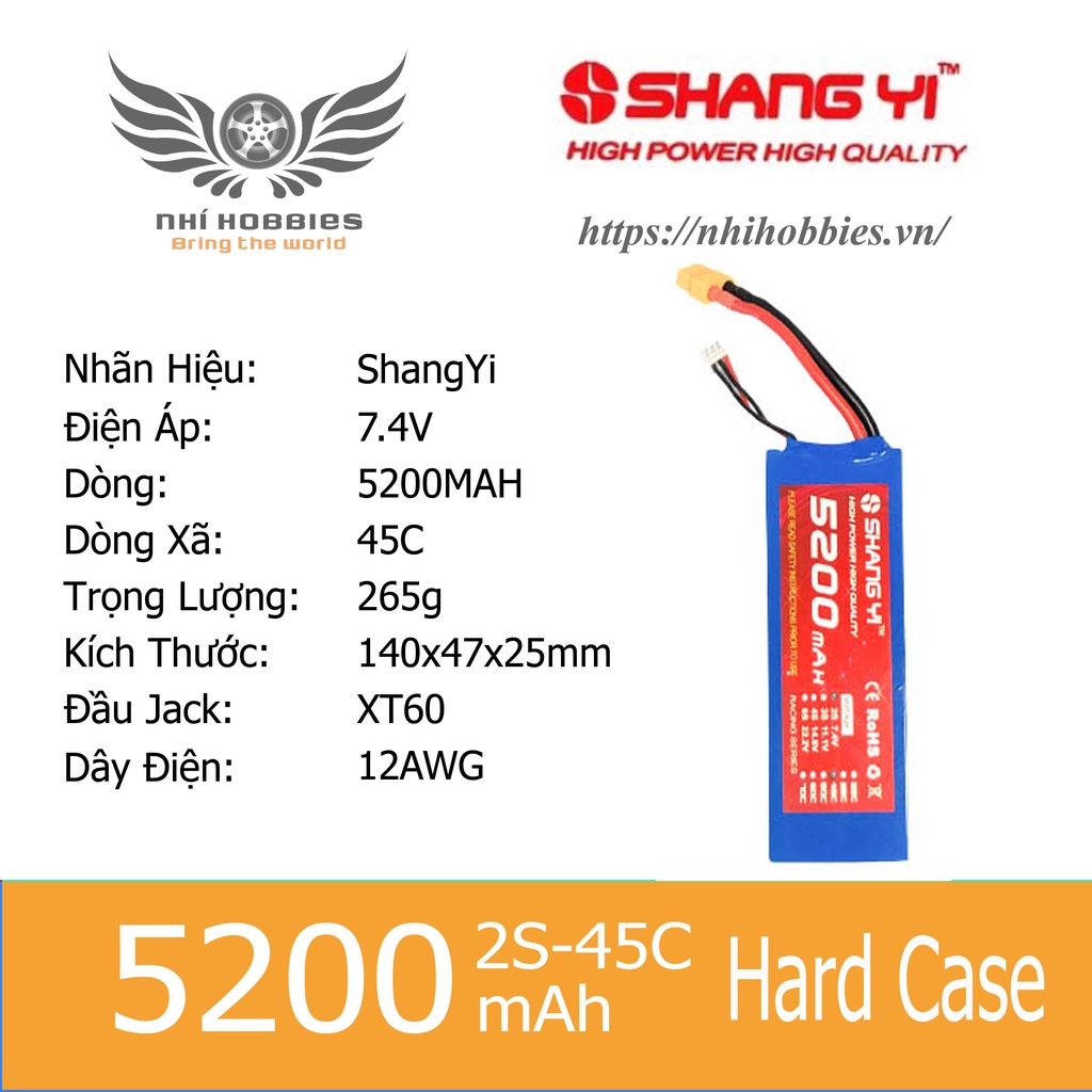 Pin Lipo ShangYi 7.4v 2s 5200mAh 45C - Hard Case