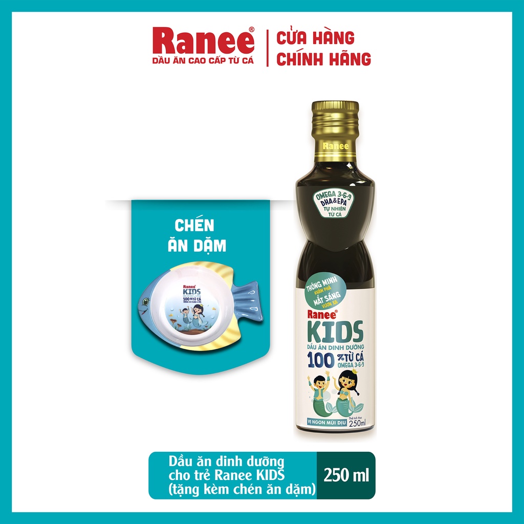 Dầu ăn dinh dưỡng cho trẻ 100% từ cá Ranee Kids 250ml+ tặng kèm chén ăn dặm cao cấp hình cá