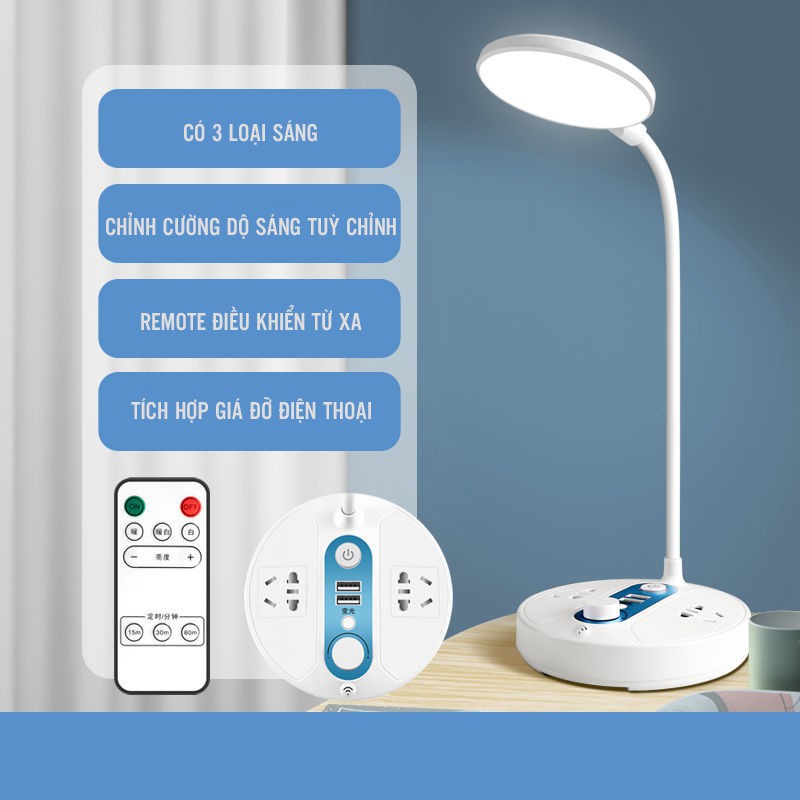 Đèn Led Để Bàn Sạc Pin Tích Hợp 2 Đầu Ra USB Và 2 Ổ Cắm Điện Có Công Tắc Điều Chỉnh Ánh Sáng DZ-034