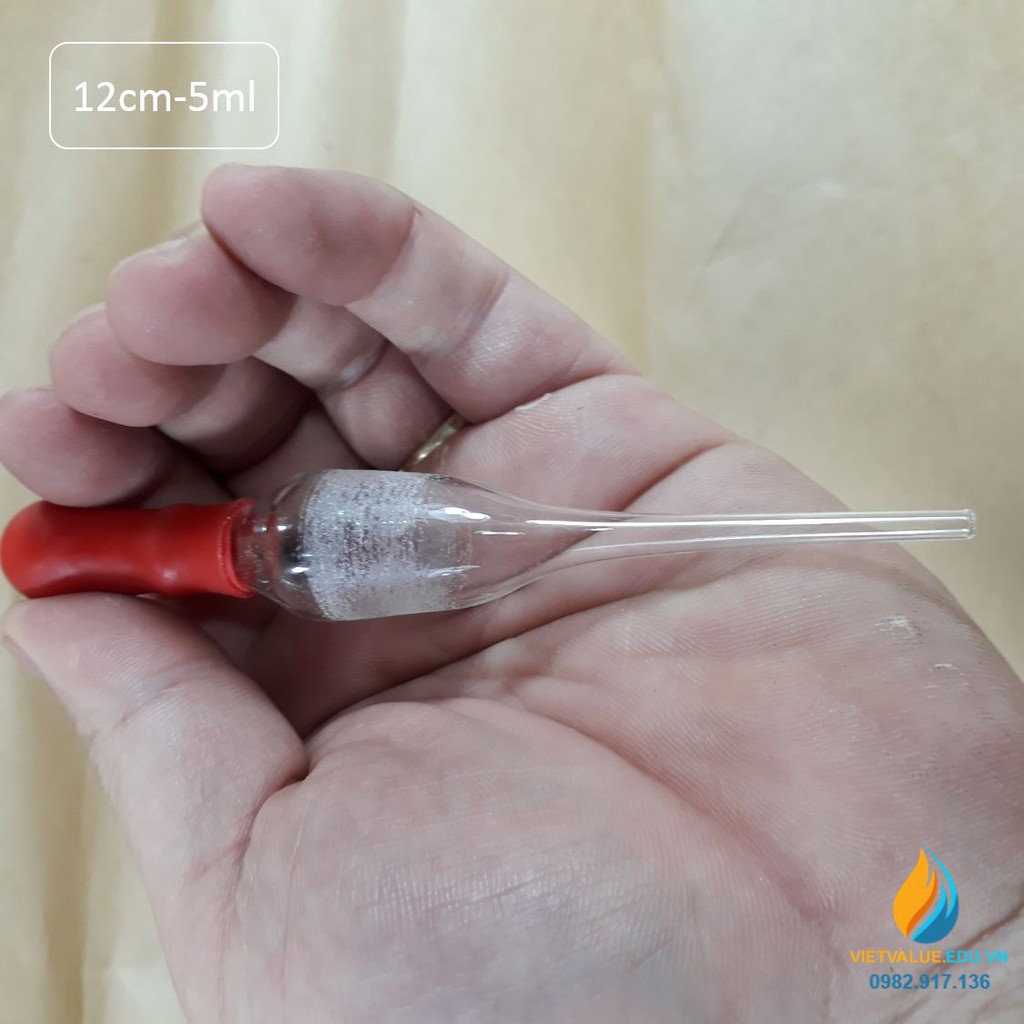 Pipet thủy tinh bầu nhỏ cho chai công tơ hút, núm cao su đỏ, mức hút 5ml