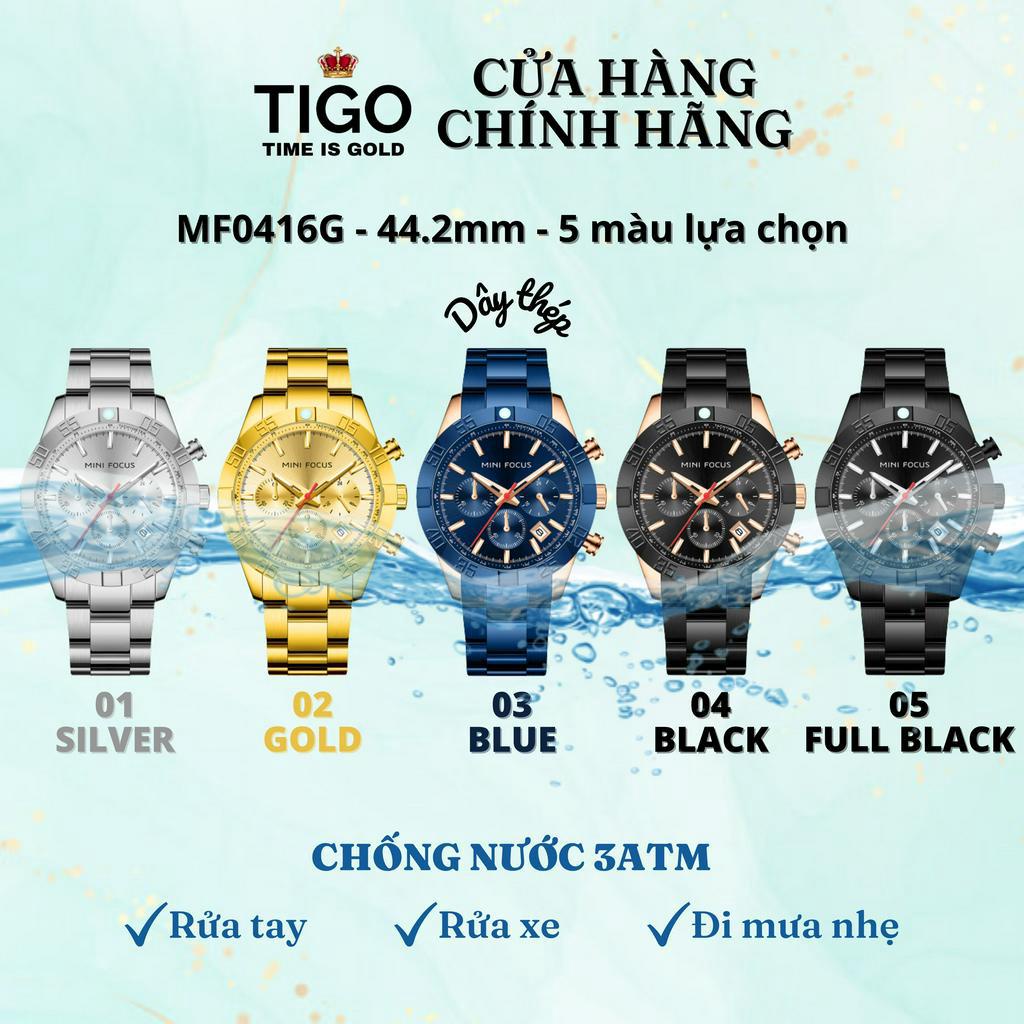 Đồng Hồ Nam MINI FOCUS MF0416G.03 Dây Thép Xanh Viền Xanh Thép Không Gỉ Cao Cấp Mặt Tròn Đường Kính 44.2mm Chống Nước