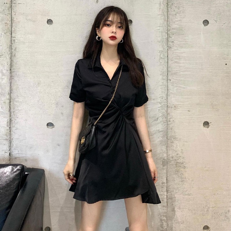 Đầm XINLANYASHE ôm cổ chữ v tay ngắn màu đen quyến rũ thời trang cho nữ