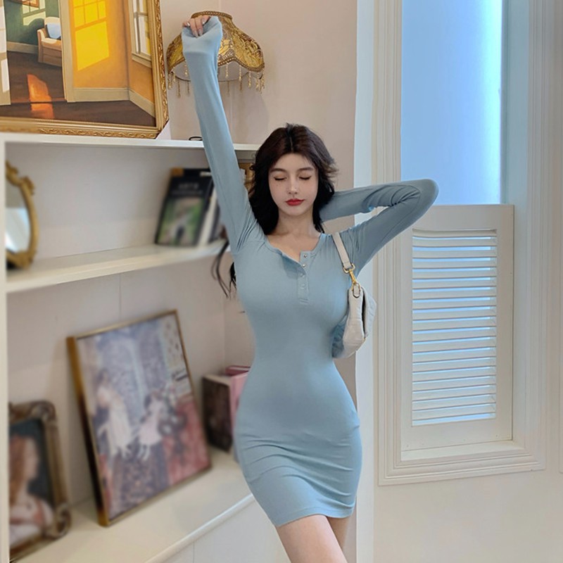 Đầm Tay Dài Cổ Tròn Màu Trơn Dáng Ôm Quyến Rũ Cho Nữ