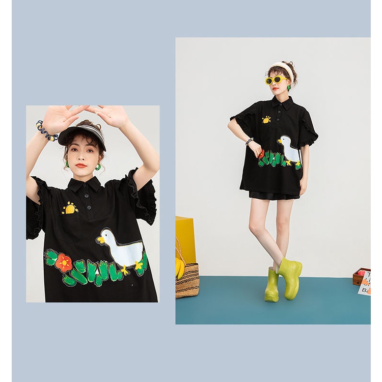 Áo polo Màu Đen Tay Ngắn Ống Loe Bằng cotton In Họa Tiết Hoạt Hình