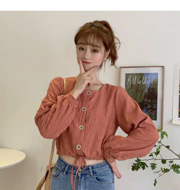 Áo Croptop cổ vuông tay dài xinh xắn cho các nàng/Áo Croptop cổ vuông tay dài xinh xắn cho các nàng/Áo Croptop cổ vuông