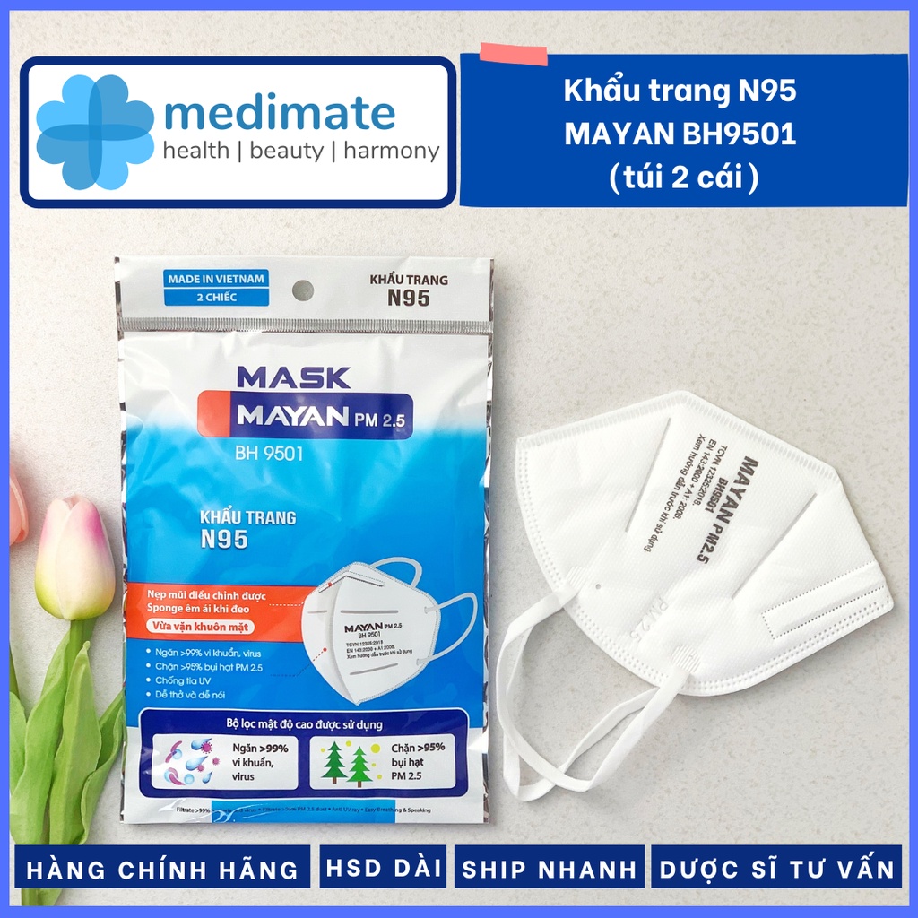 Khẩu trang N95 MAYAN PM 2.5 BH 9501 vừa vặn khuôn mặt (túi 2 cái)