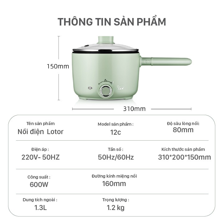 Nồi điện đa năng Lotor 12C 1.3 Lít - Công dụng Chiên, Xào, Nấu, Nhúng, nồi có lớp chống dính cao cấp - BH 12 THÁNG