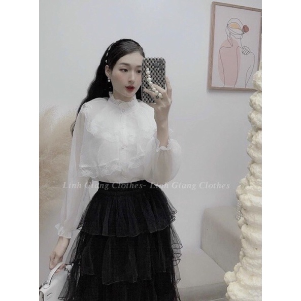 Áo sơ mi bèo tiểu thư 2 lớp xếp tầng bo chun tay phối ren xinh xắn