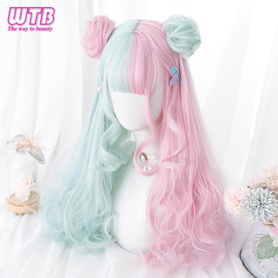 Bộ Tóc Giả Dài Xoăn Màu Xanh Lá Nhạt Bằng Sợi Tổng Hợp Phong Cách Lolita Cho Nữ