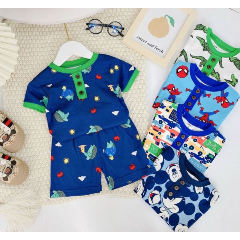 Bộ cộc tay bé trai cotton bozip xuất xịn phối cổ họa tiết