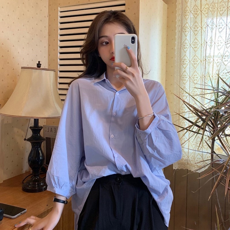 Áo sơ mi nữ tay dài màu trơn phong cách retro sành điệu