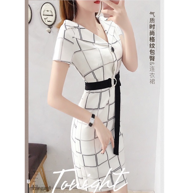 HÀNG NHẬP - ĐẦM BODY CARO CỔ VEST KÈM BELT QC