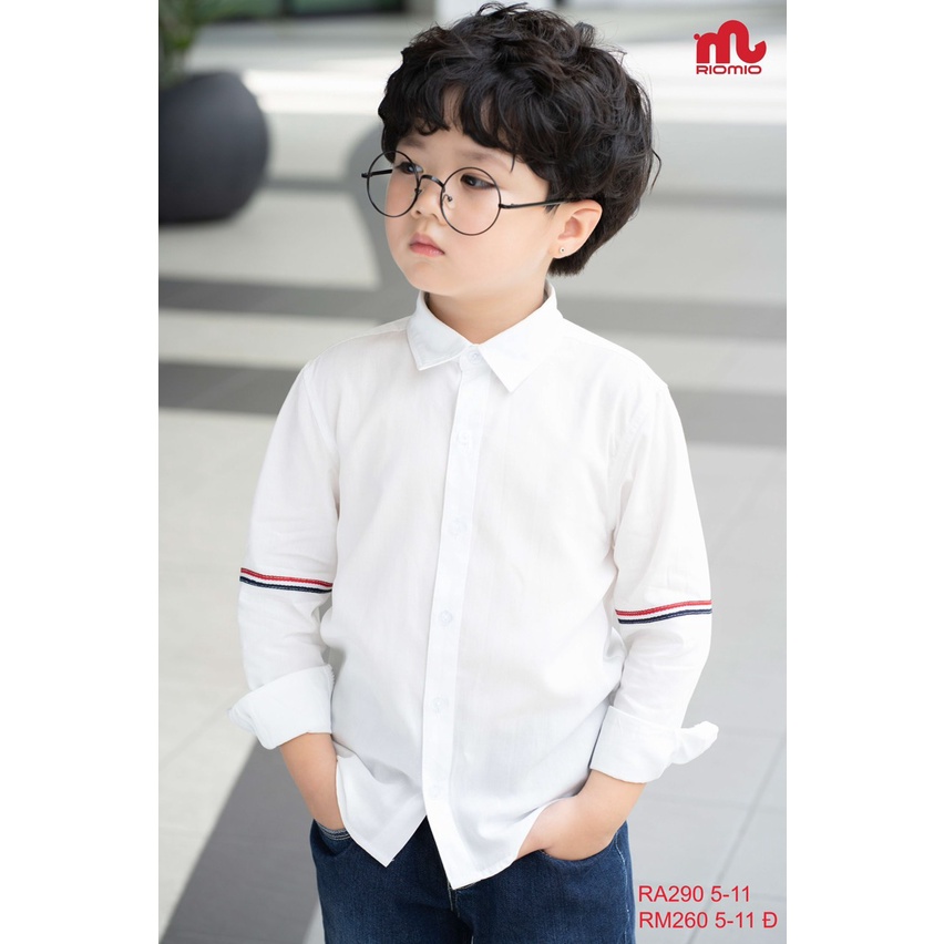Áo sơ mi trắng bé trai 4-12 tuổi hãng Riomio phối kẻ, Sơ dài tay cho bé vải thô mềm kiểu dáng thời trang