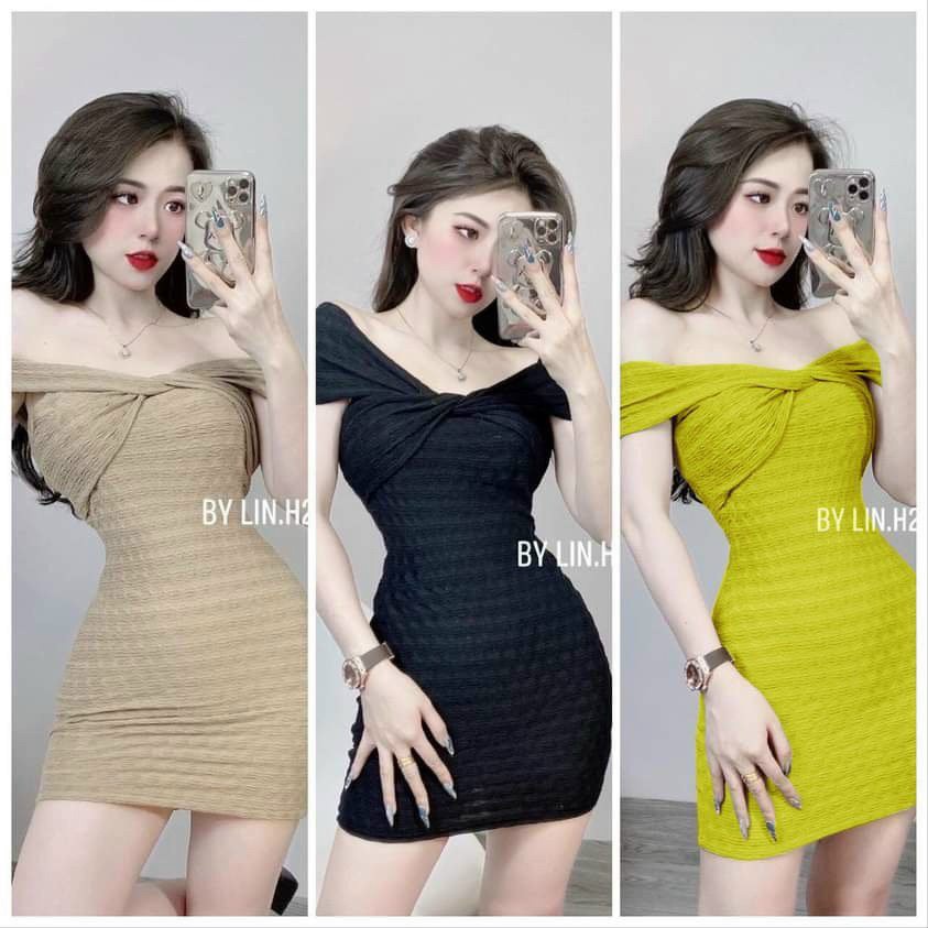 Đầm xốp trễ vai xoắn ngực ôm body trơn cực xinh , chất thun xốp dày dặn mk