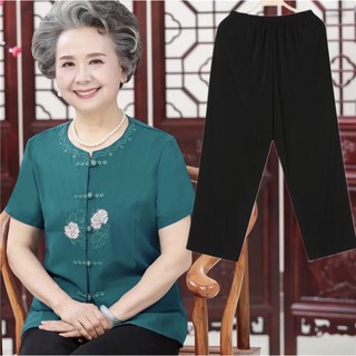 Bộ đồ thêu hai hoa tay ngắn trung niên/ Quần áo cho người già, người lớn tuổi