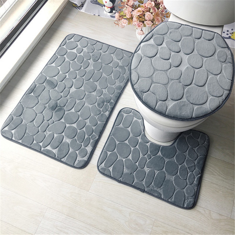 Bộ 3 Món Gồm Thảm Chùi Chân + 2 Thảm Chùi Chân + Nắp Bồn Cầu Mềm Mại Chống Trượt Cho Nhà Tắm
