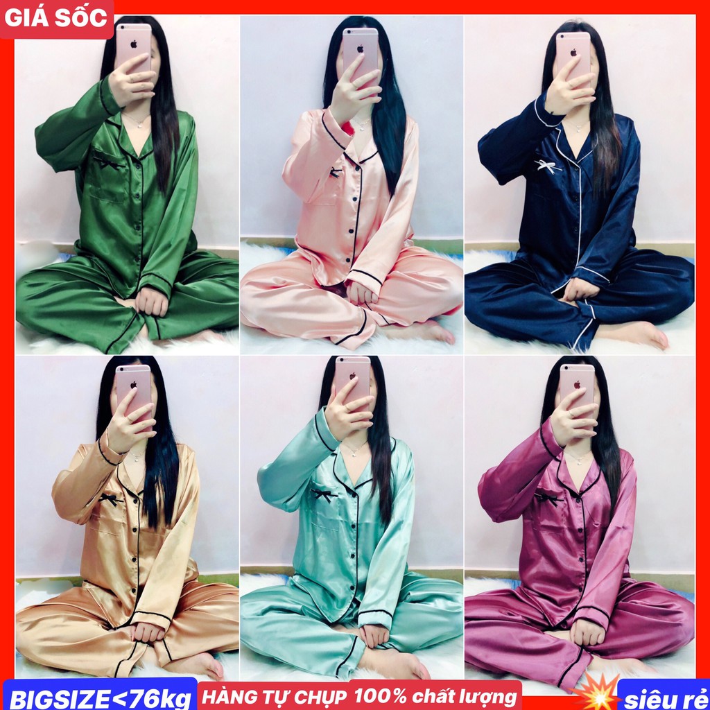 [ BIGSIZE ] Pijama phi lụa bigsize viền nơ tay dài 60-75kg