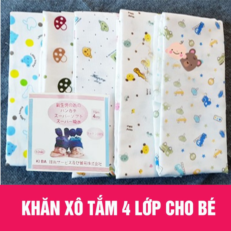 Khăn xô tắm cho bé 4 lớp, in hình họa tiết ngộ ngĩnh (75x80cm)