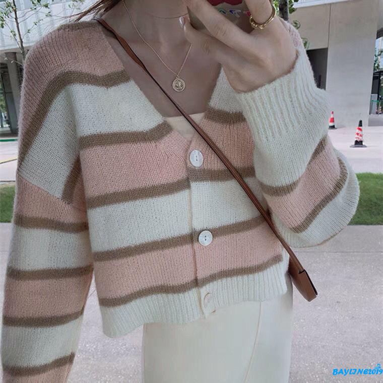 Áo khoác cardigan dệt kim cổ V dáng rộng in họa tiết sọc có nút cài cho nữ