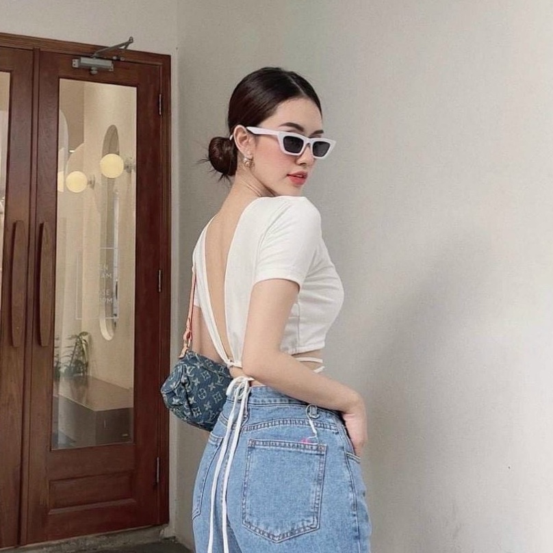 Áo croptop đan dây eo khoét thân mặc 2 Kiểu cổ v hoặc hở lưng Tay Ngắn A90- 103 -2M FIORI STORE