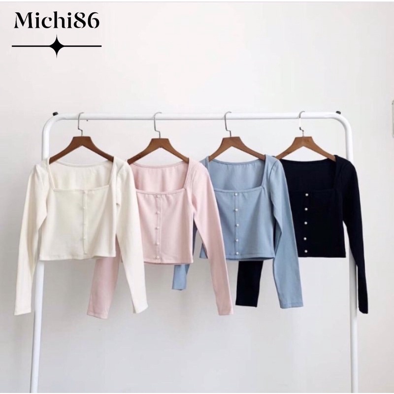Áo croptop kiểu nữ cổ vuông tay dài gắn nút ngọc Michi , áo thun nữ tay dài | BigBuy360 - bigbuy360.vn