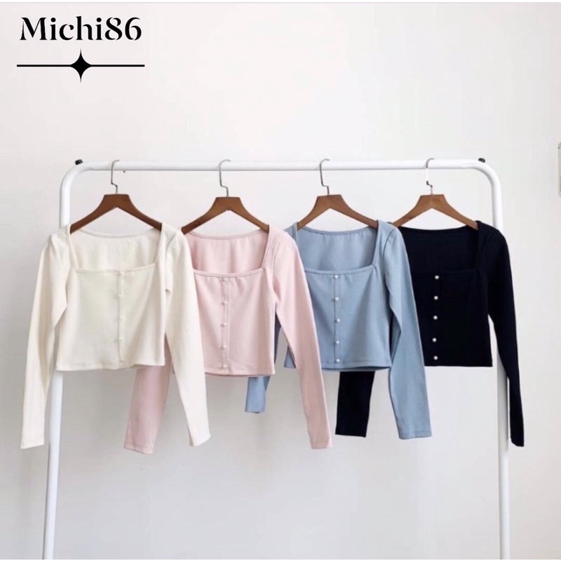 Áo croptop kiểu nữ cổ vuông tay dài gắn nút ngọc Michi , áo thun nữ tay dài | WebRaoVat - webraovat.net.vn