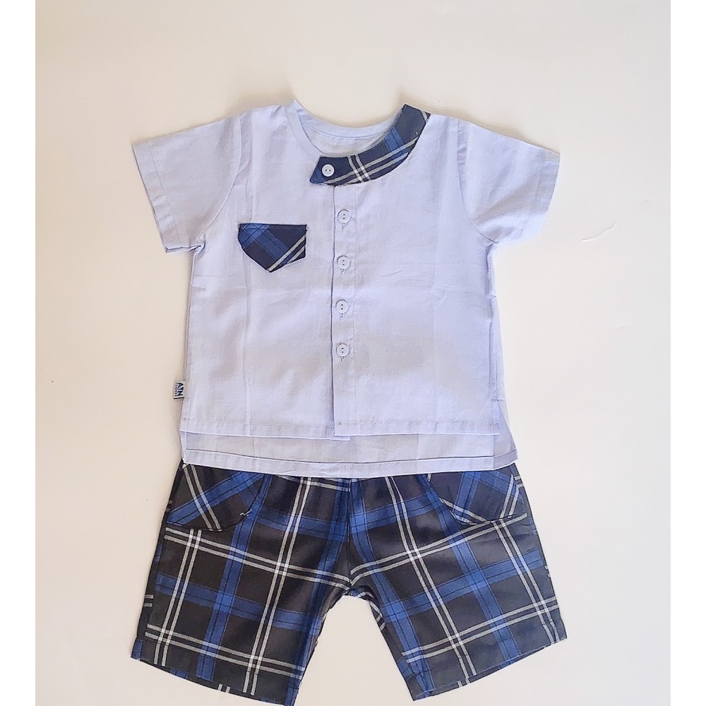 Bộ quần áo ngắn Bé trai xanh cổ viền caro xanh cotton - AICDBTEIYENY - AIN Closet