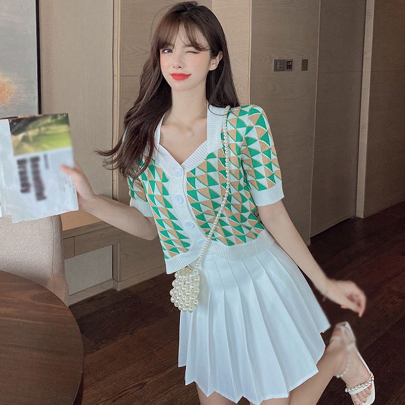 Áo Cardigan Dệt Kim Tay Ngắn Cổ Vuông Phối Nút Họa Tiết Sọc Caro Thời Trang Cho Nữ