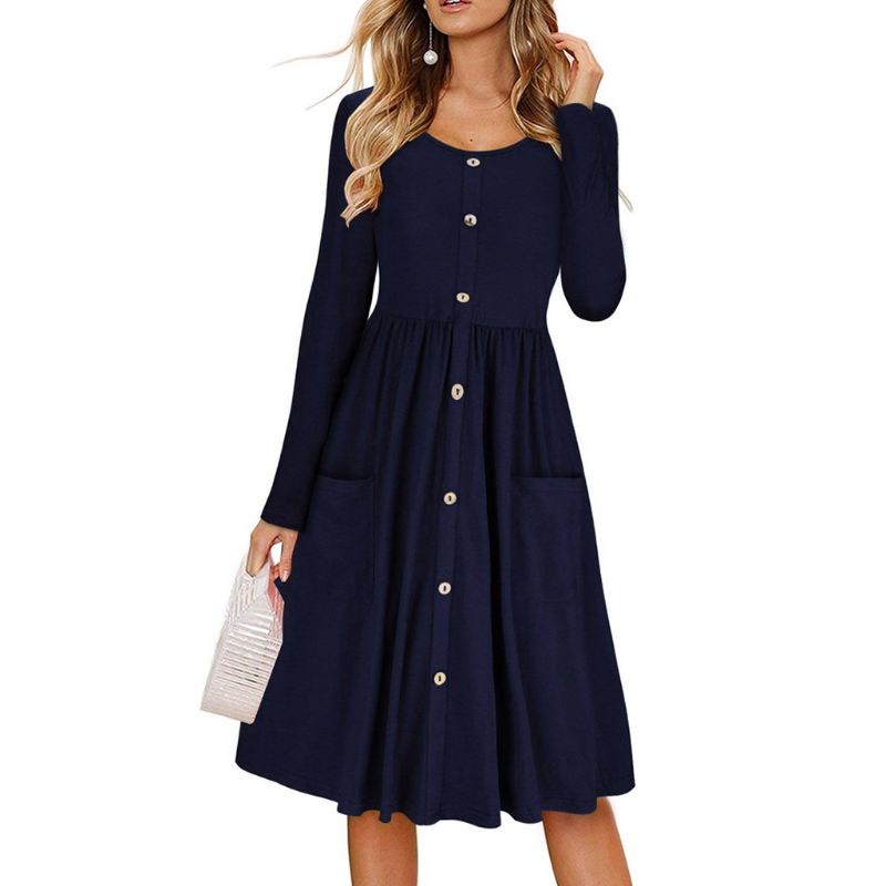 Xiangbao Đầm Xòe Midi Dài Tay Cổ Tròn Màu Trơn Mùa Thu Cho Nữ