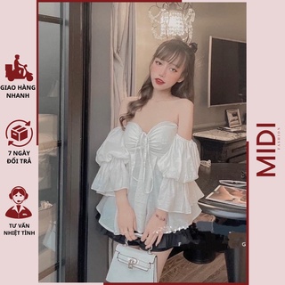 Áo trễ vai tay xòe có mút ngực Midi Shop, áo trễ vai form dài có dây rút giữa ngực