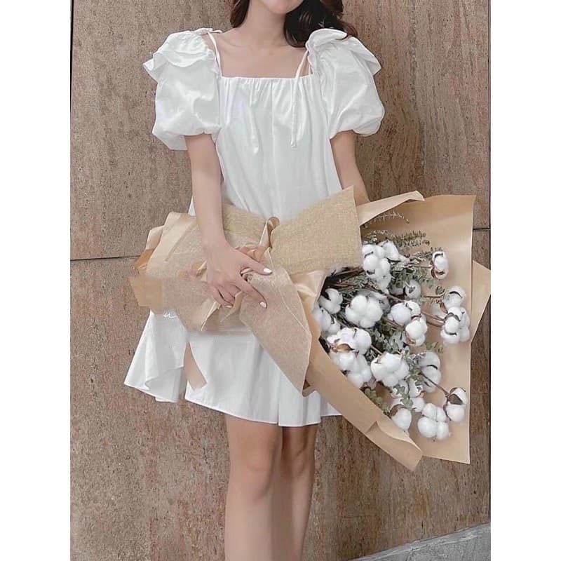 Váy babydoll trắng tay phồng cổ vuông CUTEZOO đầm tiểu thư dự tiệc đuôi cá chất đũi lụa mềm mát