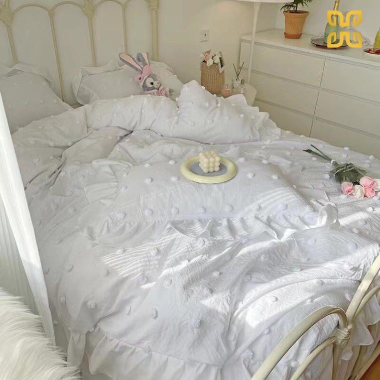 Set Bộ Vỏ Chăn Ga Đũi Thô Bèo Đính Hoa Bi, Chất Đũi Mềm Mát  - Shinbedding