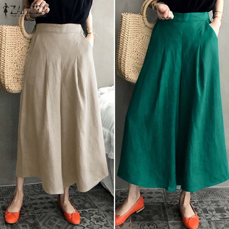 Quần dài ZANZEA ống rộng màu trơn thời trang cho nữ