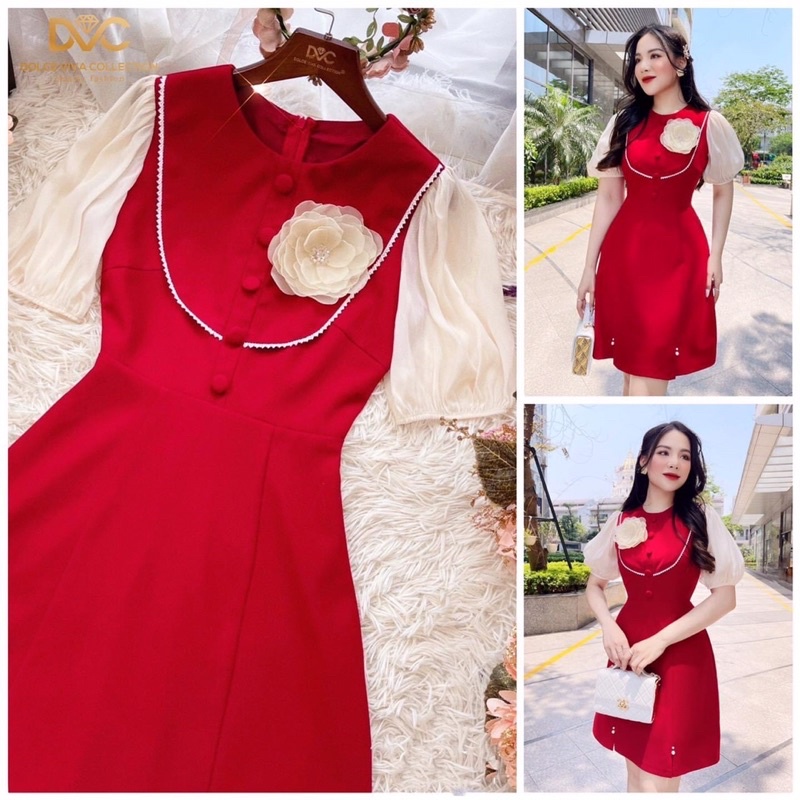 Váy đỏ công sở thiết kế dáng chữ A màu đor kèm hoa_V067 (kèm ảnh và video tại shop)