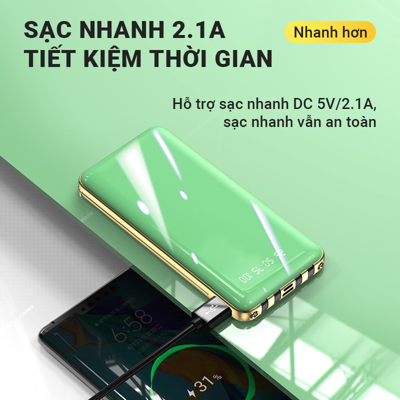 Pin sạc dự phòng 15000mAh nhỏ gọn Cát Thái KJ-A126 thiết kế mặt kính sang trọng có sẵn 4 cáp sạc Micro/Type-C/Lightning