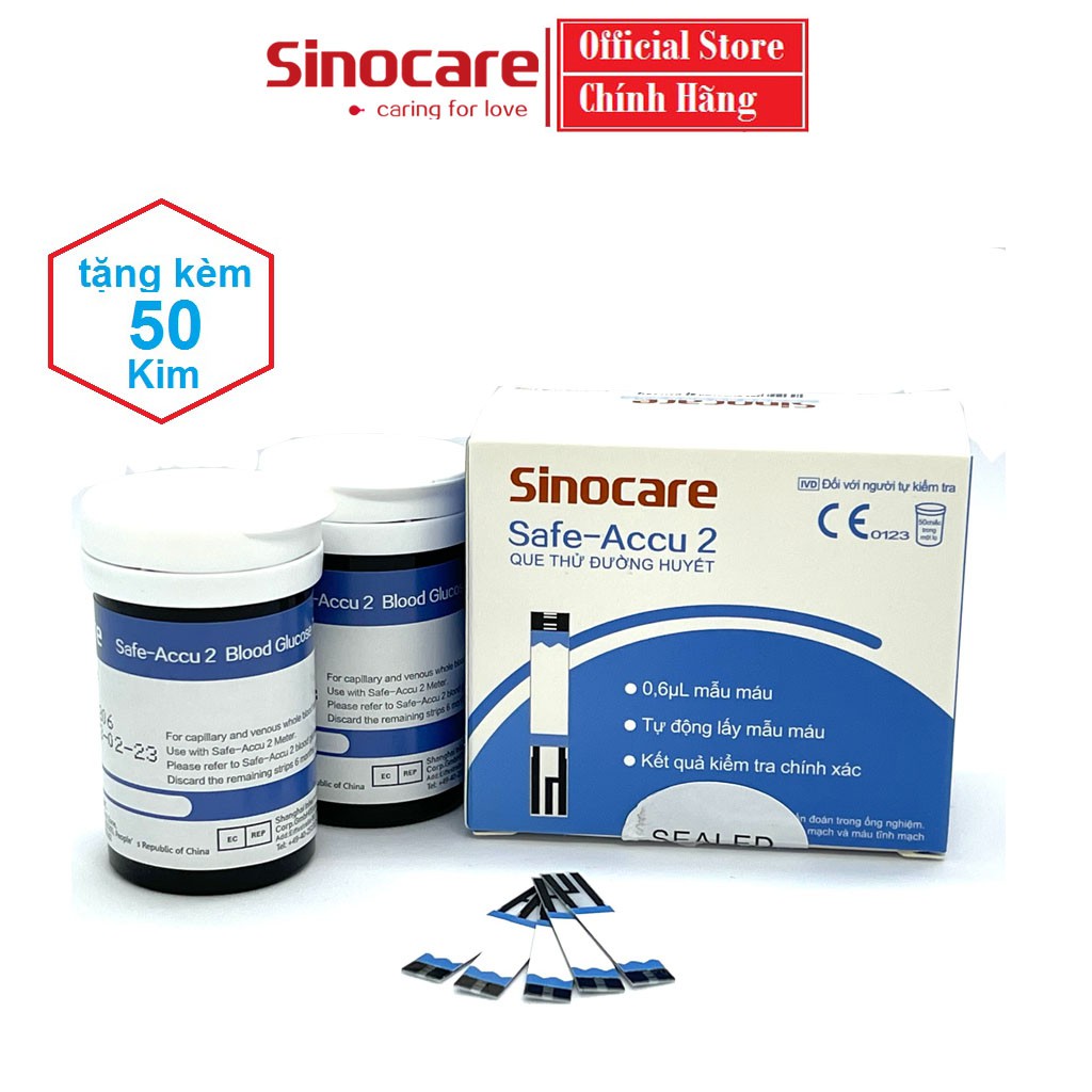 Que Thử Đường Huyết Safe Accu 2 Chính Hãng Sinocare 50 Que Thử + 50 Kim Chích Máu