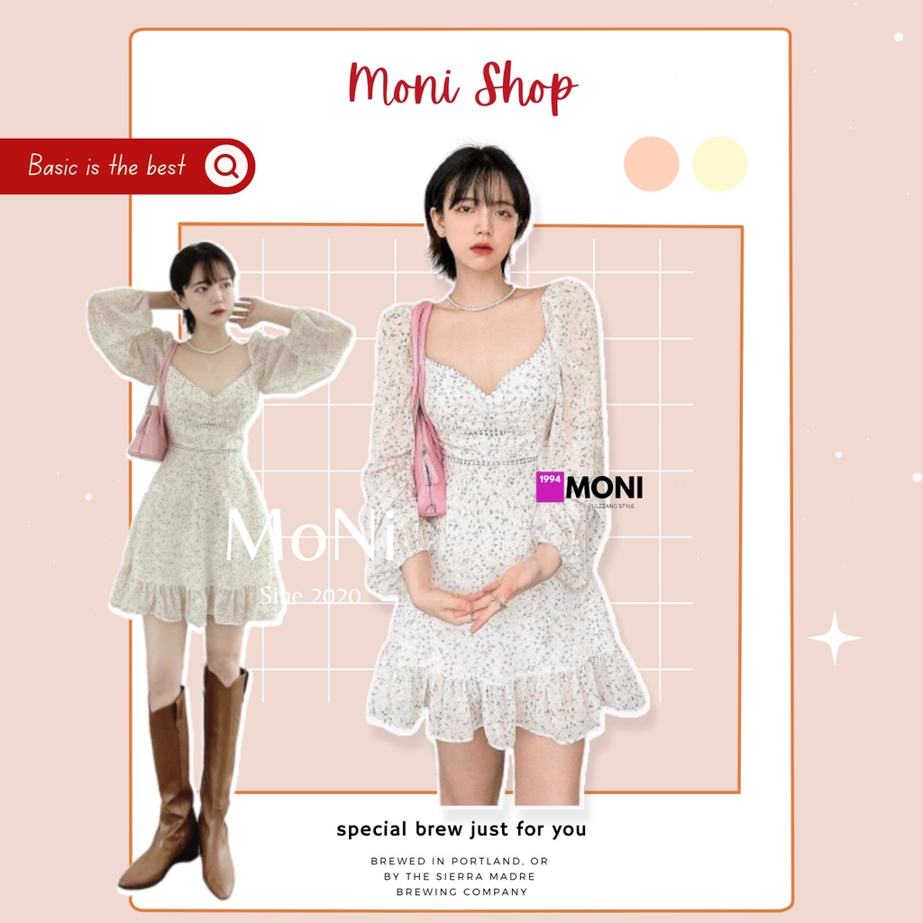 Đầm hoa nhí tay dài vintage tay phồng viền ren dáng ngắn xòe hoa xanh