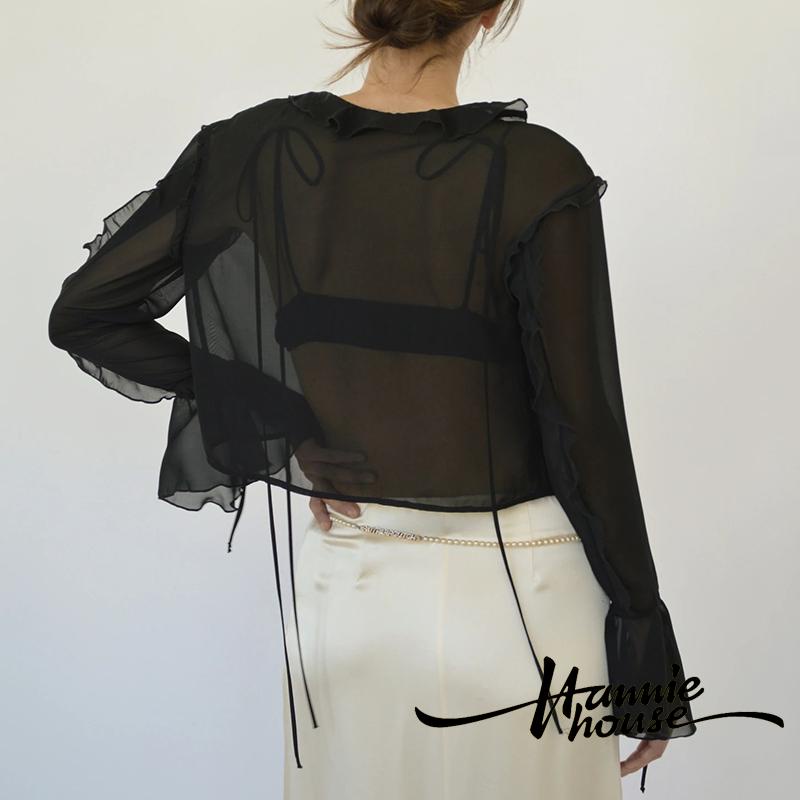 Hannie-female Áo Crop Top Tay Dài Cổ Thấp Xuyên Thấu Màu Trơn
