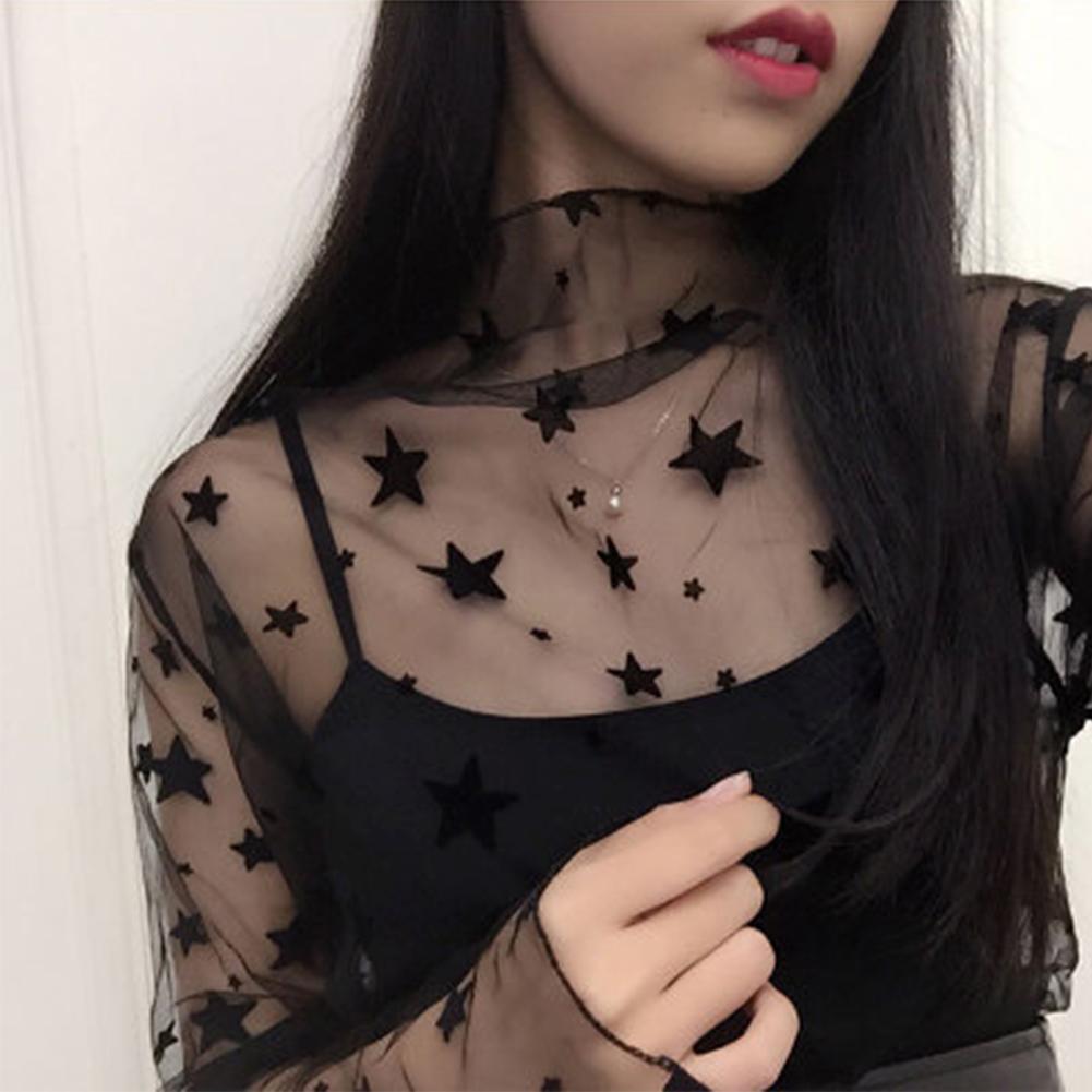 🎉SD Phụ nữ mùa hè Áo sơ mi lưới trong suốt Áo sơ mi Blusas Áo dài tay áo Chemise Femme Thường chấm Áo sơ mi nữ tính