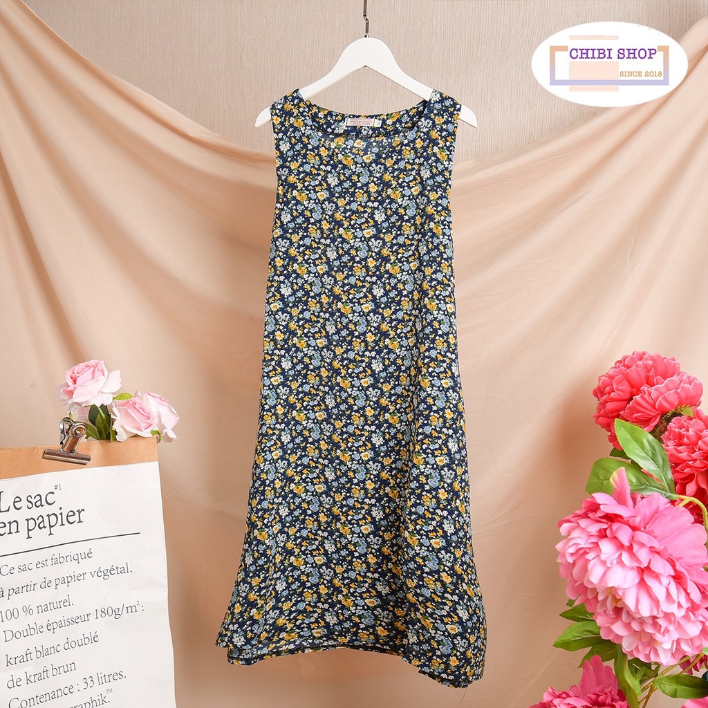 Đầm sát nách nữ mặc nhà chất lụa tuyết siêu mát hoa văn dáng dài-Đầm chữ A trung niên Chibishopsince2018