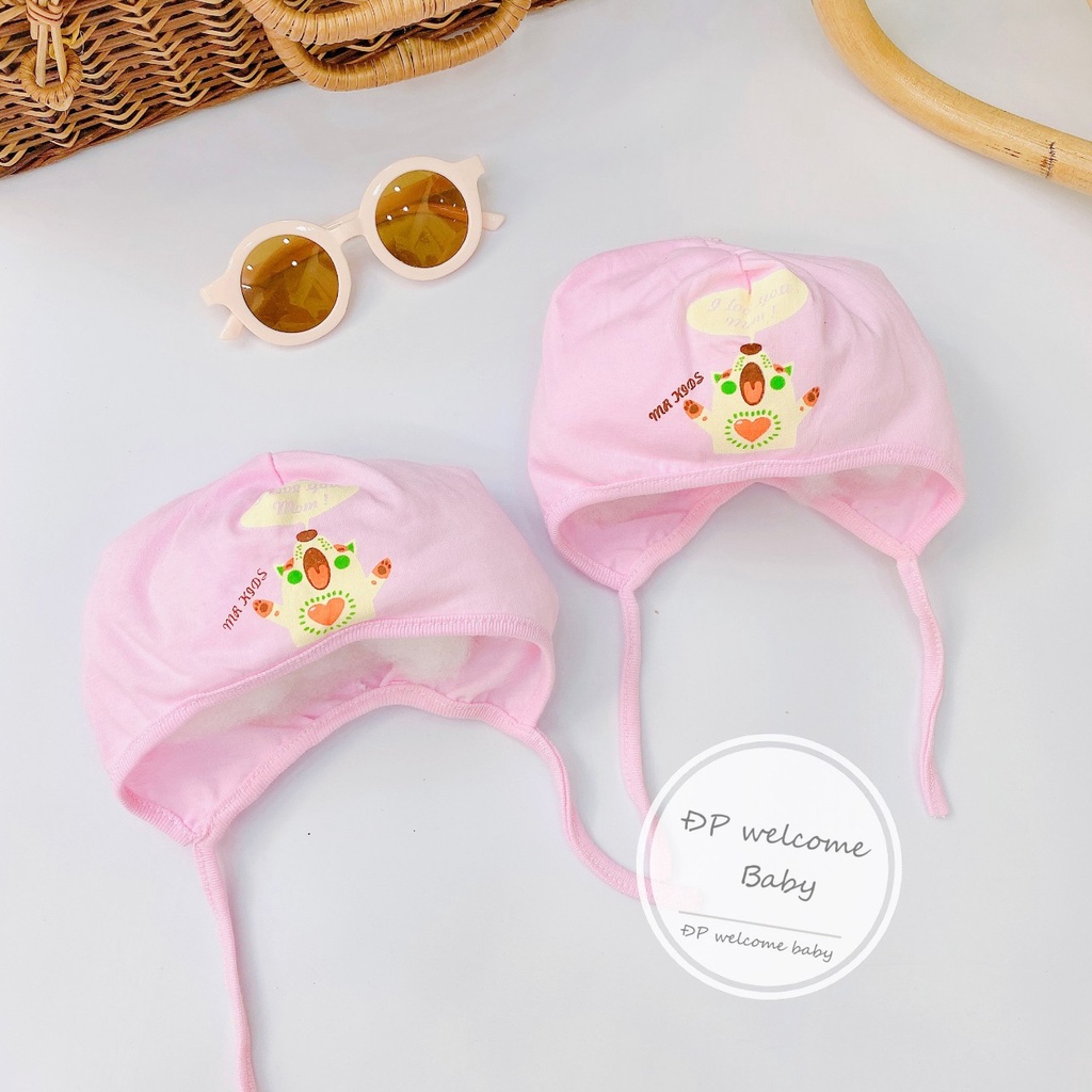 Mũ sơ sinh dây buộc đẹp in hình ngộ nghĩnh cho bé