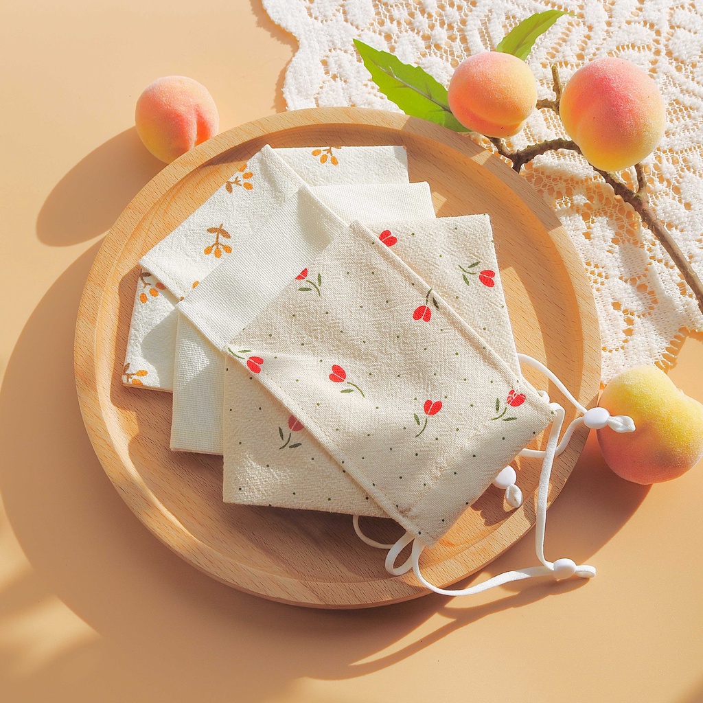 [Size S] Combo 3 Khẩu Trang Vải Linen 3D Cotton 3 Lớp Hoa Nhí Màu Hồng Đào Đỏ